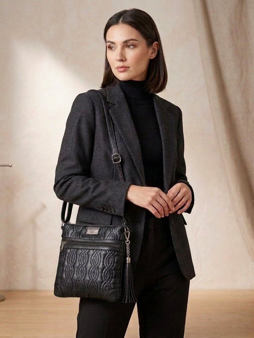 Bella Russo Black Textured Leather Crossbody w/ Front Zip Pocket
